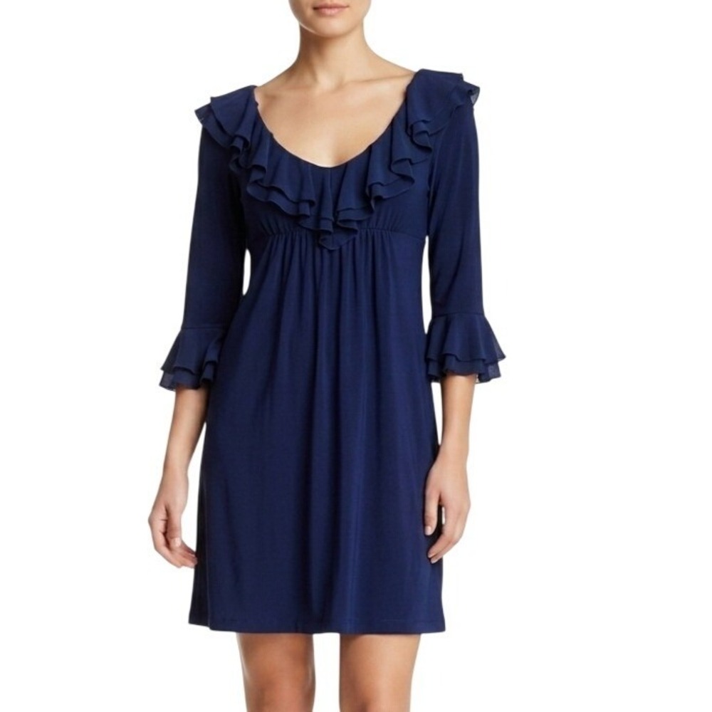 Suzi Chin Maggy Boutique Dress Womens 2 Navy Blue Ruffle V-Neck Guest Cocktail